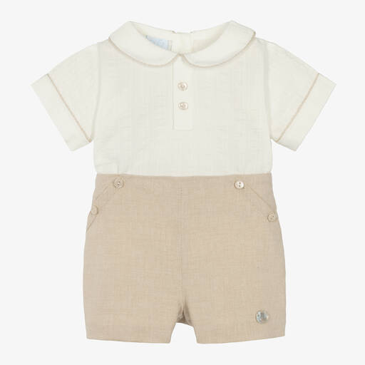 Artesanía Granlei-Boys Ivory & Beige Cotton Buster Suit | Childrensalon