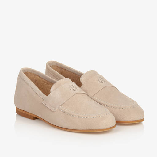 Beatrice & George-Boys Beige Leather Monogram Loafers | Childrensalon