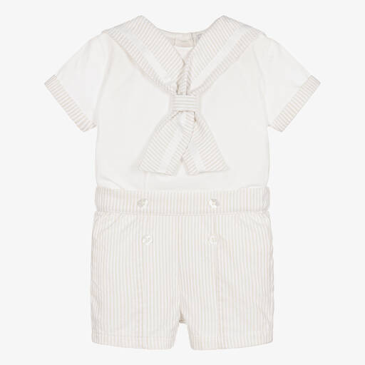 Beatrice & George-Boys Beige Stripe Sailor Buster Suit | Childrensalon