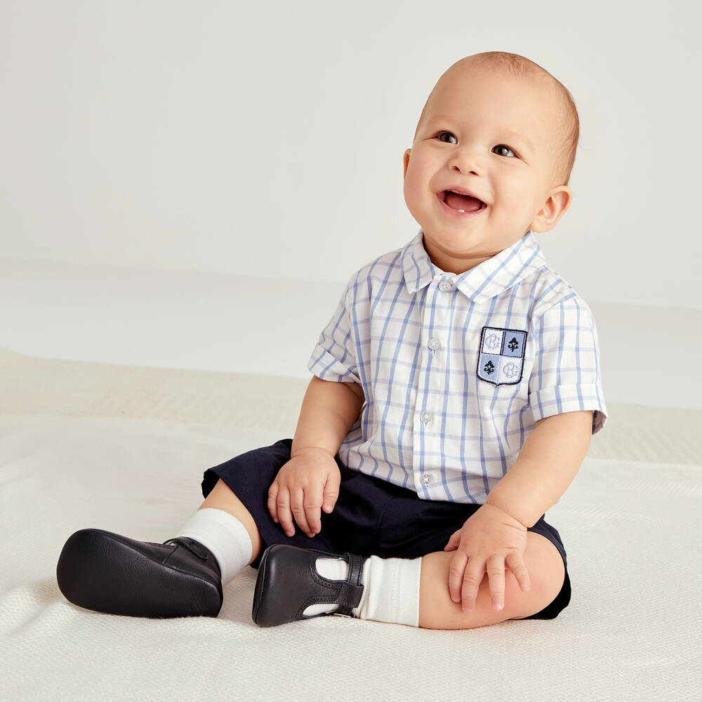 Beatrice & George-Boys Blue Cotton Buster Suit | Childrensalon