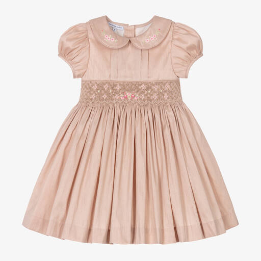 Beatrice & George-Girls Pink Hand-Smocked Dupion Dress | Childrensalon