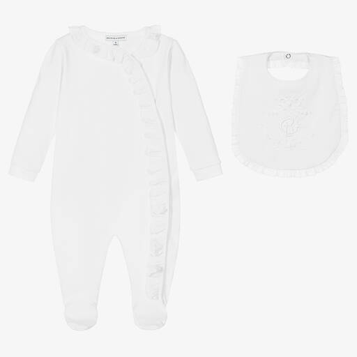 Beatrice & George-White Cotton Babygrow & Embroidered Bib Set | Childrensalon