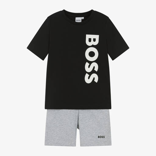 BOSS-Boys Black & Grey Cotton Short Pyjamas | Childrensalon