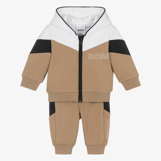 BOSS-Brown & White Cotton Baby Tracksuit | Childrensalon