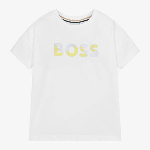 BOSS-Girls White Cotton T-Shirt | Childrensalon