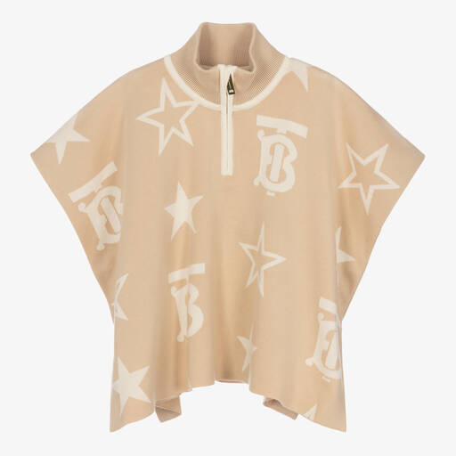 Burberry-Baby Girls Beige TB Logo Knitted Cape | Childrensalon