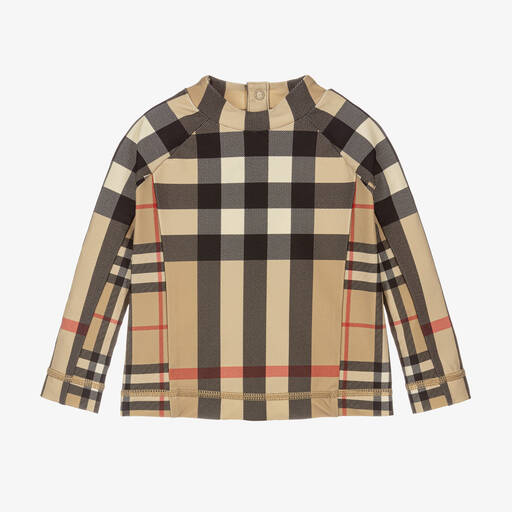 Burberry-Beige Check Baby Sun Protective Top | Childrensalon