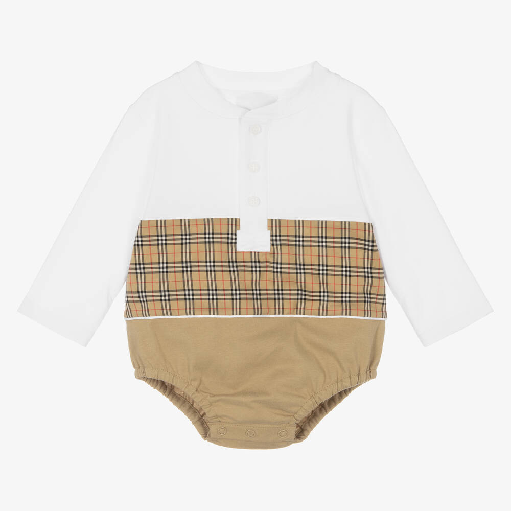 Burberry - White & Beige Check Bodysuit | Childrensalon