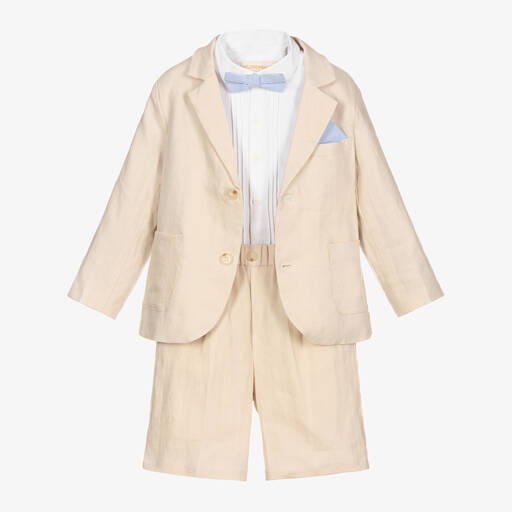 Childrensalon Occasions-Boys Beige Linen Shorts Suit  | Childrensalon