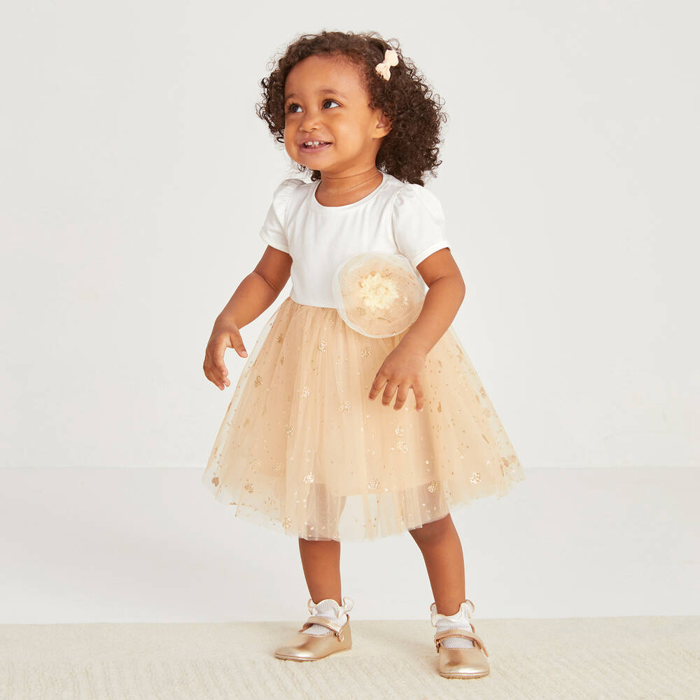 Childrensalon Occasions-Girls Ivory & Gold Heart Tulle Dress | Childrensalon