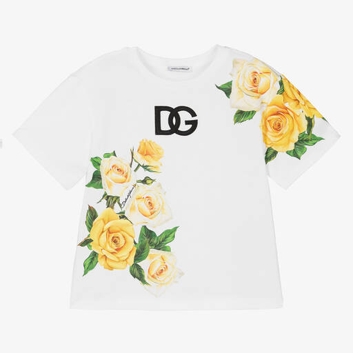 Dolce & Gabbana-Girls White Cotton Rose Print T-Shirt | Childrensalon