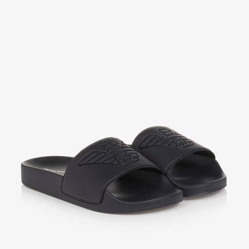 Emporio Armani-Navy Blue Eagle Sliders | Childrensalon