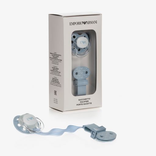 Emporio Armani-Pale Blue Dummy & Clip Set | Childrensalon