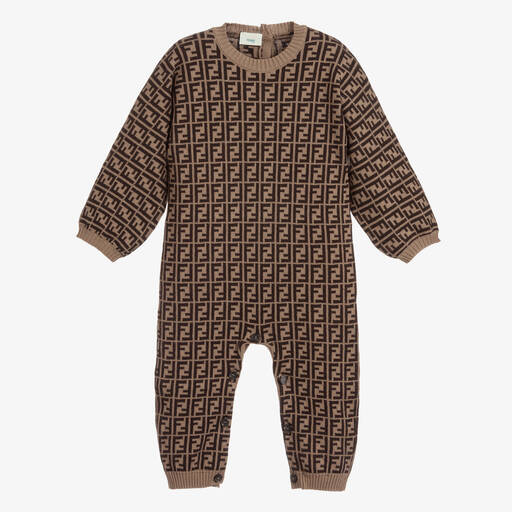 Fendi-Brown FF Logo Baby Romper | Childrensalon