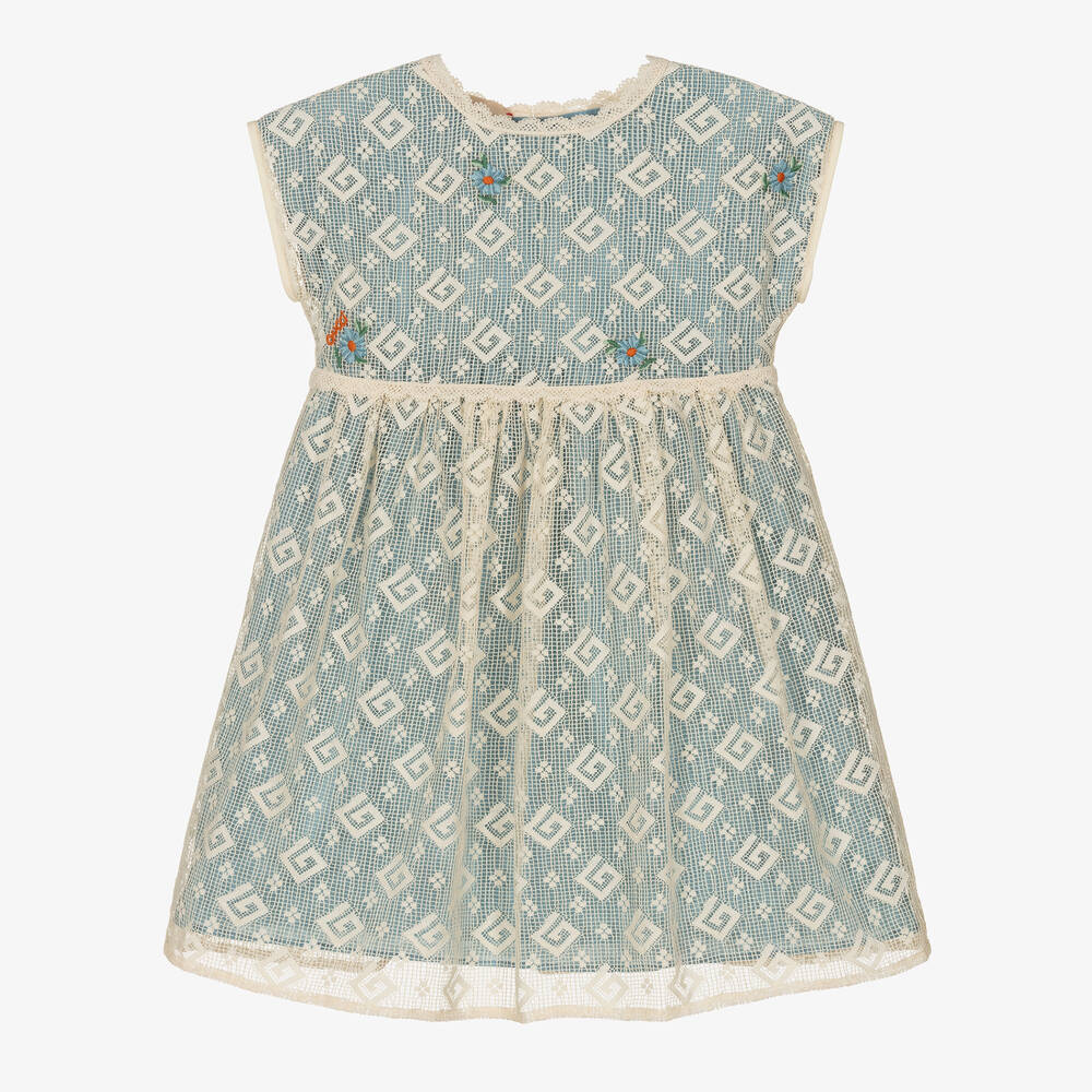 Gucci - Baby Girls Blue Square G Lace Dress | Childrensalon