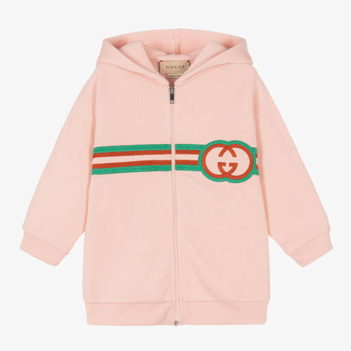 Gucci-Girls Pink Cotton Interlocking G Zip-Up Hoodie | Childrensalon