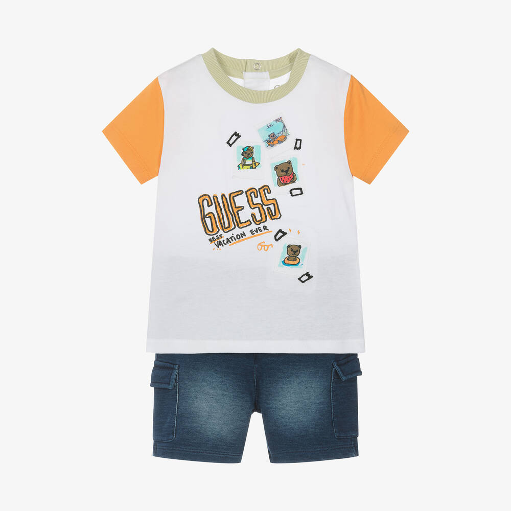 Guess - Baby Boys White & Blue Cotton Shorts Set | Childrensalon