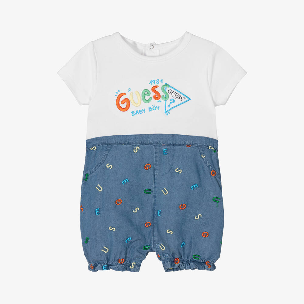 Guess - Baby Boys White Jersey & Blue Chambray Shortie | Childrensalon