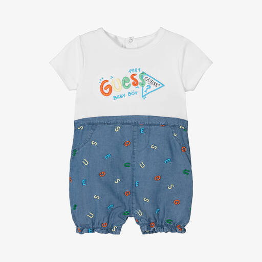 Guess-Baby Boys White Jersey & Blue Chambray Shortie | Childrensalon