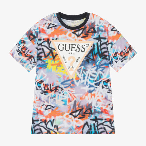 Guess-Junior Boys Blue Cotton Graffiti T-Shirt | Childrensalon