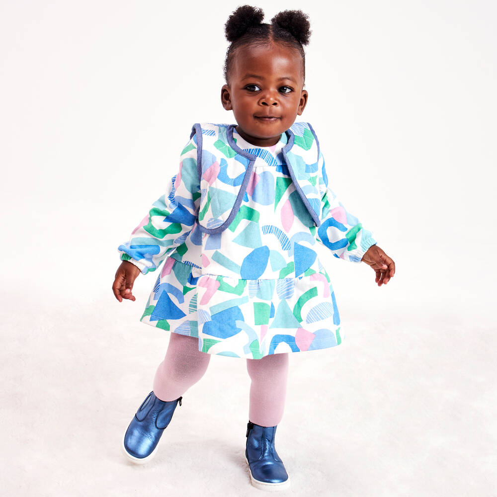 Joyday-Girls White & Blue Cotton Jersey Dress Set | Childrensalon