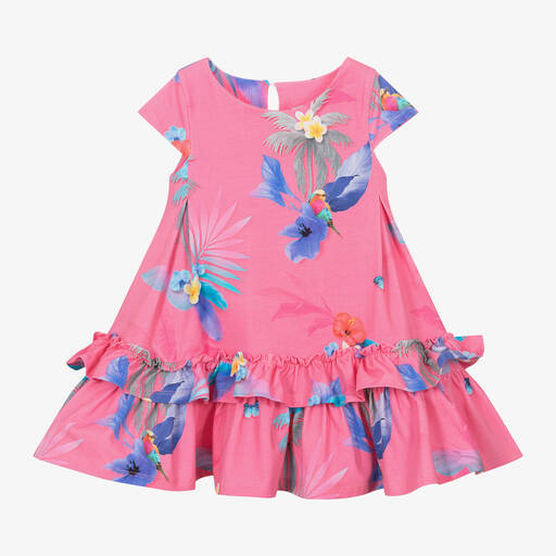 Lapin House-Girls Pink Cotton Tropical Flowers Dress | Childrensalon