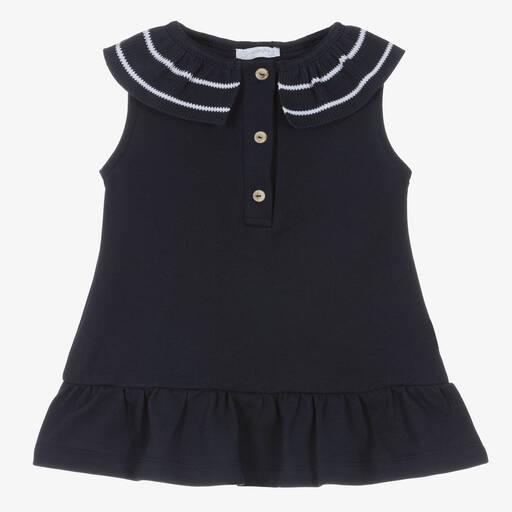 Laranjinha-Girls Navy Blue Cotton Piqué Dress | Childrensalon