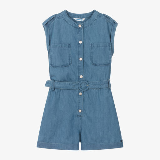 Mayoral-Girls Blue Chambray Playsuit | Childrensalon