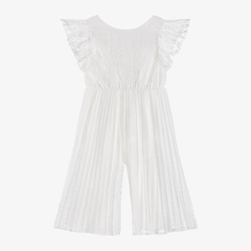 Mayoral-Girls Ivory Chiffon Pleated Jumpsuit  | Childrensalon