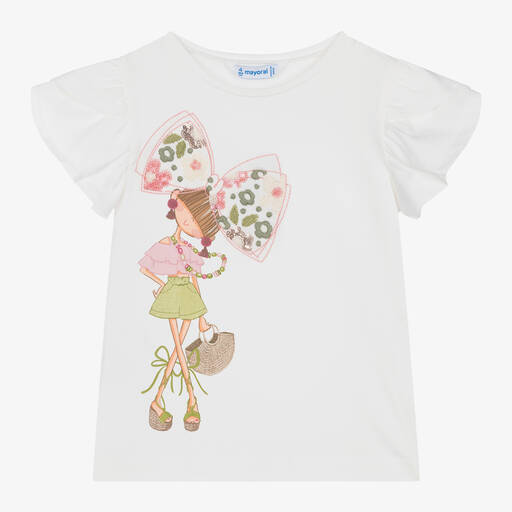 Mayoral-Girls Ivory Cotton T-Shirt | Childrensalon