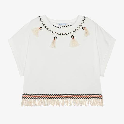 Mayoral-Girls Ivory Cotton Tassel T-Shirt | Childrensalon