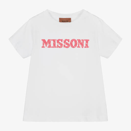 Missoni-Girls White & Pink Cotton T-Shirt | Childrensalon