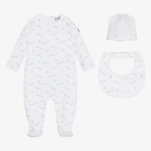 Moncler Enfant-White & Blue Logo Babygrow Set | Childrensalon