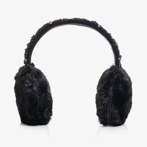 Monnalisa-Girls Black Diamanté Plush Ear Muffs | Childrensalon