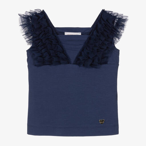 Monnalisa-Girls Blue Cotton & Tulle Ruffle T-Shirt | Childrensalon