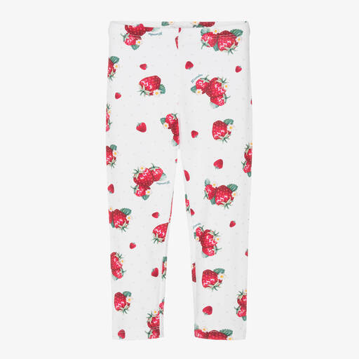 Monnalisa-Girls Ivory Cotton Strawberry Leggings | Childrensalon