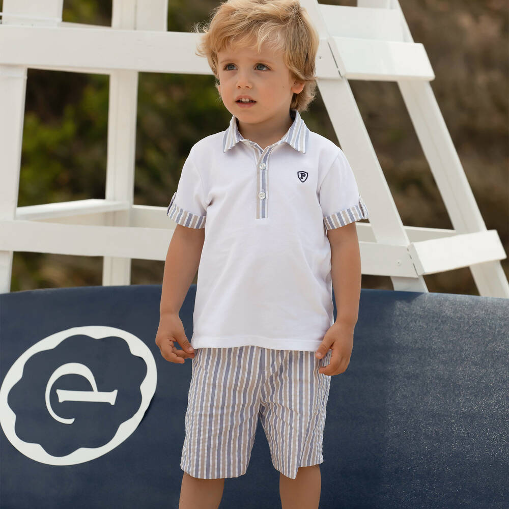 Patachou-Boys White & Blue Cotton Shorts Set | Childrensalon