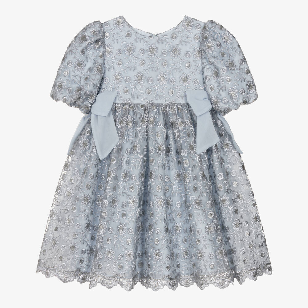 Patachou - Girls Blue Embroidered Tulle Dress | Childrensalon