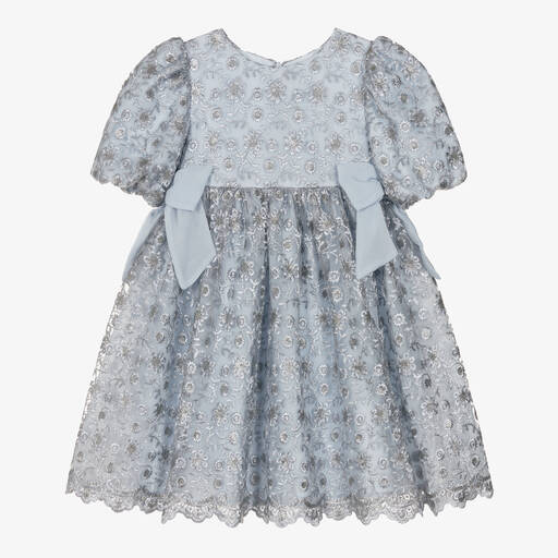 Patachou-Girls Blue Embroidered Tulle Dress | Childrensalon