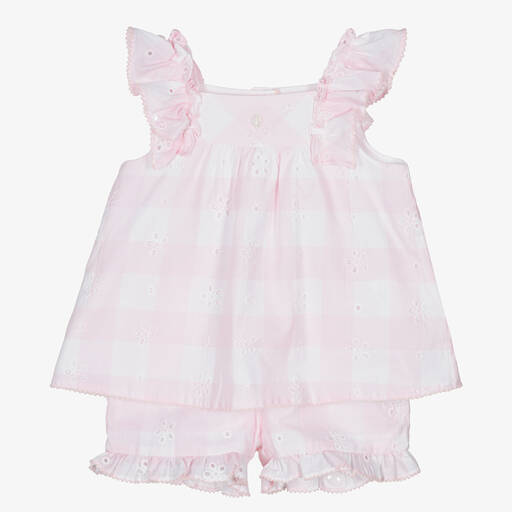 Patachou-Girls Pink Gingham Cotton Shorts Set | Childrensalon