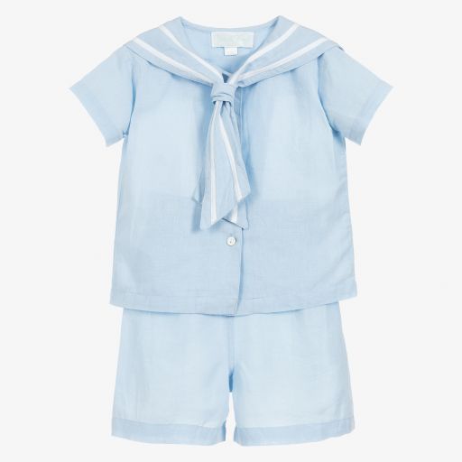 Powell Craft-Boys Blue Linen Shorts Set  | Childrensalon