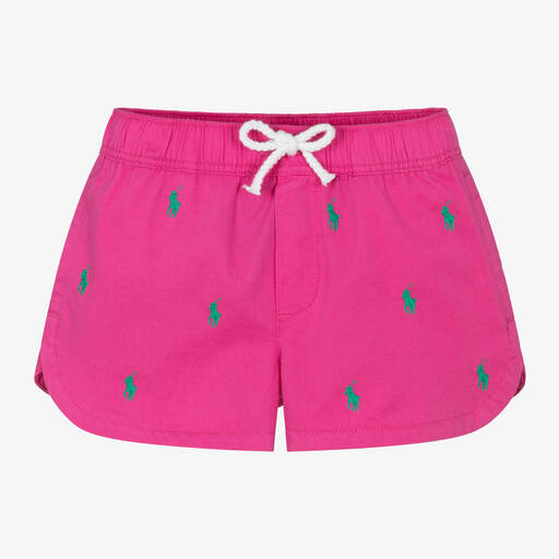 Ralph Lauren-Girls Pink Cotton Pony Logo Shorts | Childrensalon