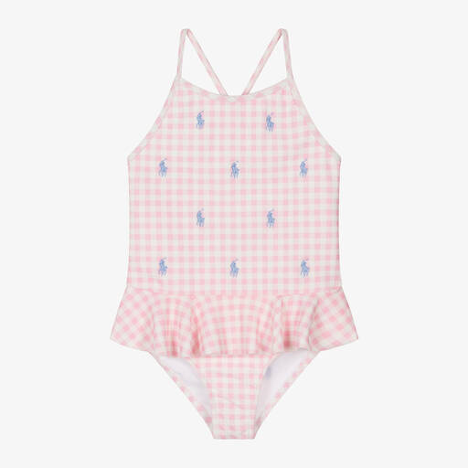 Ralph Lauren-Girls Pink Gingham Pony Logo Swimsuit | Childrensalon