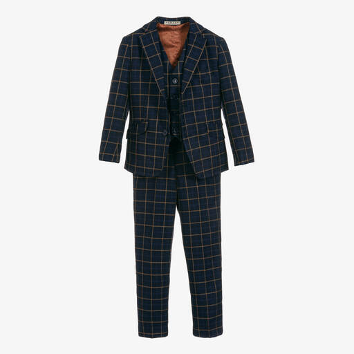 Romano-Boys Navy Blue Check Suit | Childrensalon