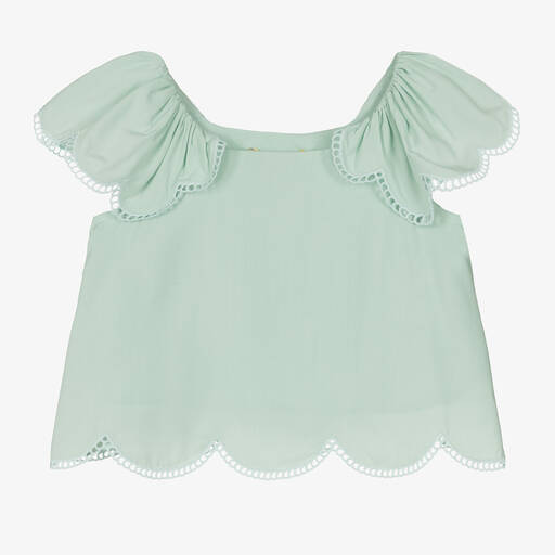 Stella McCartney Kids-Girls Green Viscose Scalloped Blouse | Childrensalon