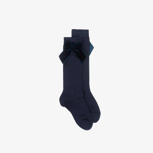 Story Loris-Girls Blue Cotton & Velvet Bow Socks | Childrensalon