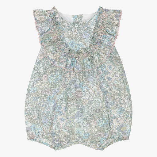 Tartine et Chocolat-Baby Girls Blue Floral Hand-Smocked Shortie | Childrensalon