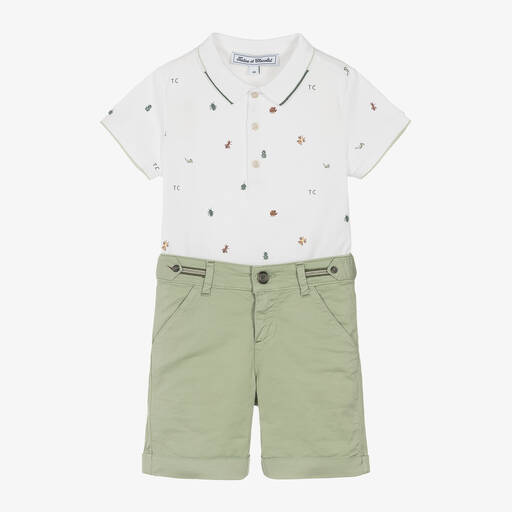 Tartine et Chocolat-Boys White & Green Shorts Set | Childrensalon