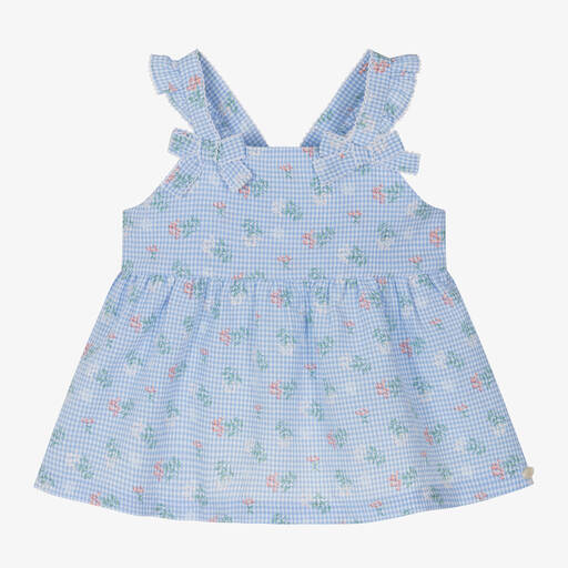 Tartine et Chocolat-Girls Blue Gingham Cotton Floral Blouse | Childrensalon