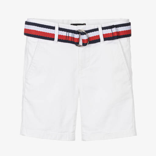 Tommy Hilfiger-Boys White Cotton Slim-Fit Shorts | Childrensalon